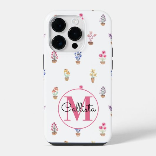 Coque Pour iPhone 14 Plus Monogramme aquarelle de fleurs en pot de campagne (Verso)