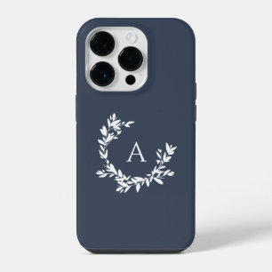 Coque Pour iPhone 14 Plus Monogramme Botanique Initial Bleu Nuit