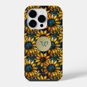 Coque Pour iPhone 14 Plus Monogramme de tournesol en verre teinté or et sarc