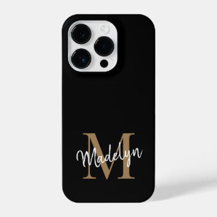 Coque Pour iPhone 14 Plus Monogramme d'or noir moderne Nom du script féminin