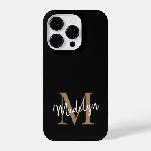 Coque Pour iPhone 14 Plus Monogramme d'or noir moderne Nom du script féminin (Verso)