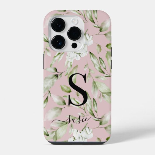 Coque Pour iPhone 14 Plus Monogramme floral de nom de script protecteur (Verso)