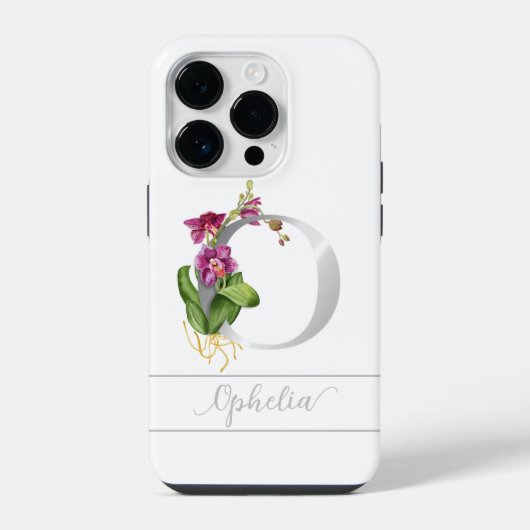 Coque Pour iPhone 14 Plus Monogramme O écriture argentée nom orchidée rose s (Verso)