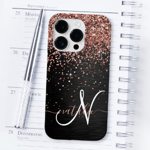 Coque Pour iPhone 14 Plus Monogramme personnalisé paillettes or rose noir
