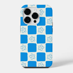 Coque Pour iPhone 14 Plus Motif carreaux fleur bleue Prépa