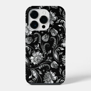 Coque Pour iPhone 14 Plus Motif de Damas florales à huile d'argent