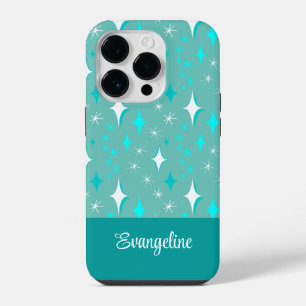 Coque Pour iPhone 14 Plus Motif étoile rétro sarcelle et blanc modifiable