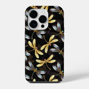 Coque Pour iPhone 14 Plus Motif sans couture avec libellules dorées