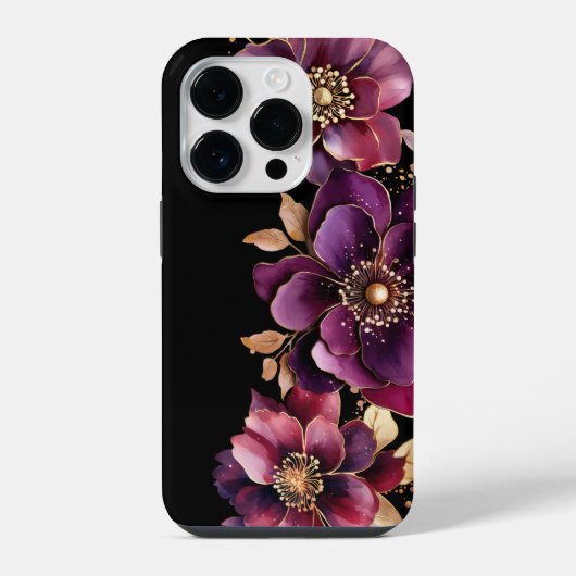 Coque Pour iPhone 14 Plus Noir Fleur Or Pourpre (Verso)