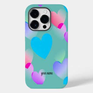 Coque Pour iPhone 14 Plus Nom Colorful Gliding Hearts, Turquoise