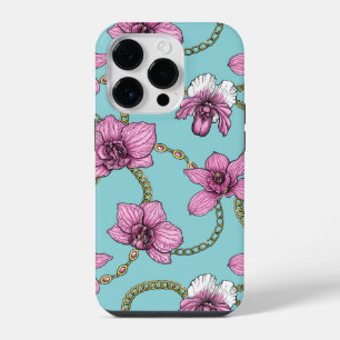 Coque Pour iPhone 14 Plus Orchidées et chaînes, rose et bleu