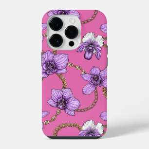 Coque Pour iPhone 14 Plus Orchidées et chaînes, violet et rose