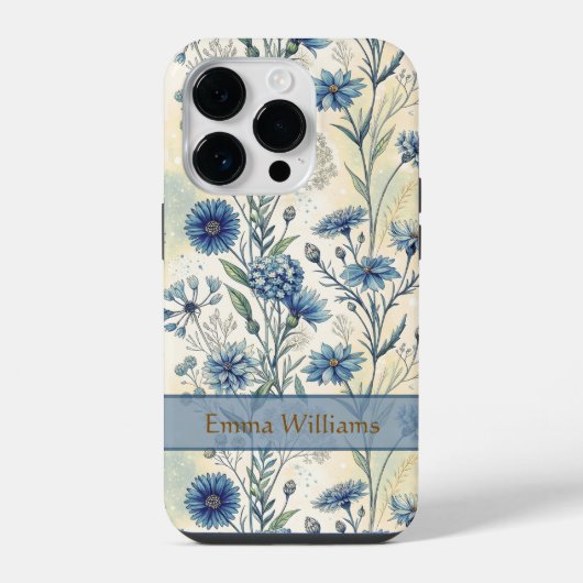 Coque Pour iPhone 14 Plus Personalized Name Blue Wildflowers (Verso)