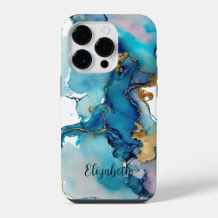 Coque Pour iPhone 14 Plus Résumé aquarelle abstraite bleu or Monogram Splash