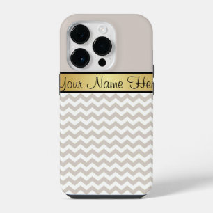 Coque Pour iPhone 14 Plus Ruban doré sur chevron gris sable et blanc chic