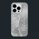 Coque Pour iPhone 14 Plus Silver Glitter Glam Bling Personalized<br><div class="desc">Personnalisez facilement ce boîtier de téléphone à motif en métal brossé argent et en faux parties scintillant glamour avec votre propre nom personnalisé.</div>