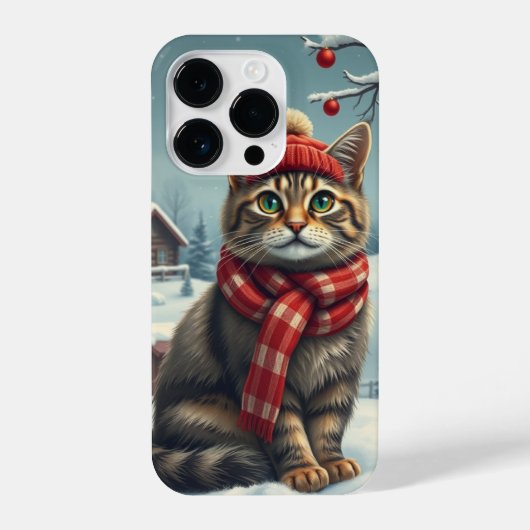 Coque Pour iPhone 14 Plus Tabby Cat en hiver de Preppy Attire et Casquette (Verso)
