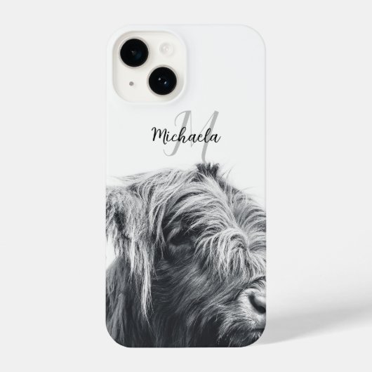 Coque Pour iPhone 14 Portrait de vache Highland premier monogramme noir (Verso)
