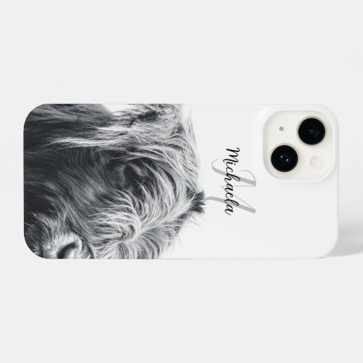 Coque Pour iPhone 14 Portrait de vache Highland premier monogramme noir (Verso Horizontal)