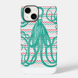 Coque Pour iPhone 14 Poulpe antique sur chevrons de corail et d'aqua