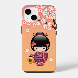 Coque Pour iPhone 14 Poupée Sakura Kokeshi - Geisha Girl on Peach