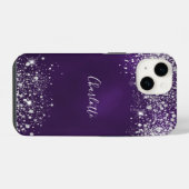 Coque Pour iPhone 14 Poussière de glitter argent violet monogramme nom (Verso Horizontal)