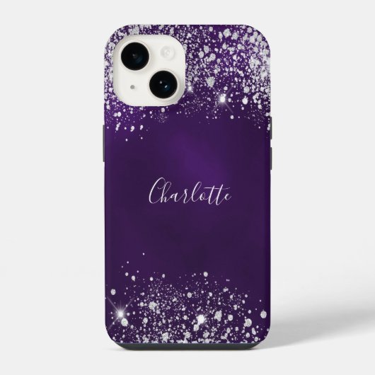 Coque Pour iPhone 14 Poussière de glitter argent violet monogramme nom (Verso)