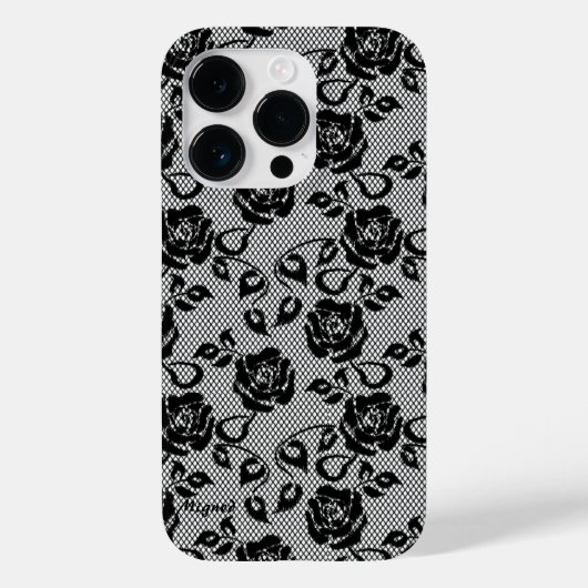 Coque Pour iPhone 14 Pro Faux Black Lace Rose coque iphone de pêche (Verso)