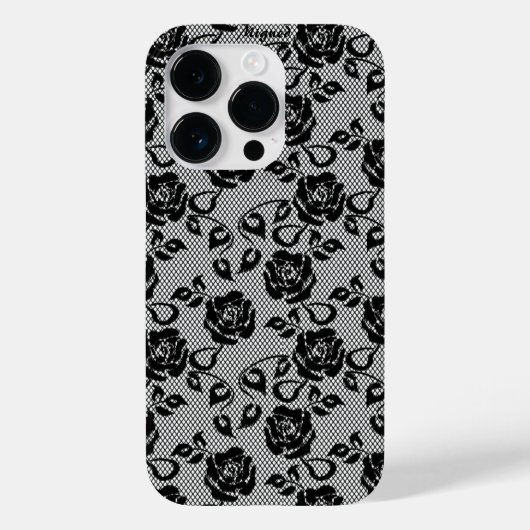 Coque Pour iPhone 14 Pro Faux Black Lace Rose coque iphone de pêche (Verso)