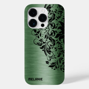 Coque Pour iPhone 14 Pro Forêt métallique Texture verte Dentelle noire et t