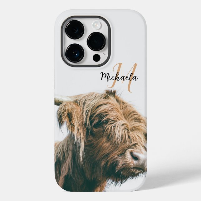 Coque Pour iPhone 14 Pro Portrait de vache Highland nom personnalisé monogr (Back)