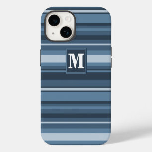 Coque Pour iPhone 14 Rayures grises et bleues Monogram