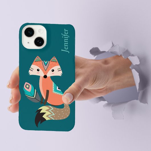 Coque Pour iPhone 14 Renard de la tribu Boho turquoise avec la plume