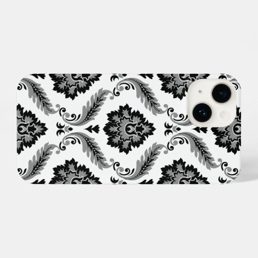Coque Pour iPhone 14 Rococo Damask Pattern Grey Black White (Verso Horizontal)