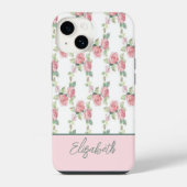 Coque Pour iPhone 14 Rose florale de verdure rose Monogram (Verso)