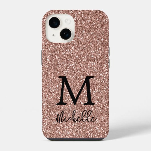 Coque Pour iPhone 14 Rose Gold Pailleté Monogramme Initial Nom de Mode (Verso)