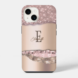 Coque Pour iPhone 14 Rose Gold Tendance Diamants Paillettes Monogramme
