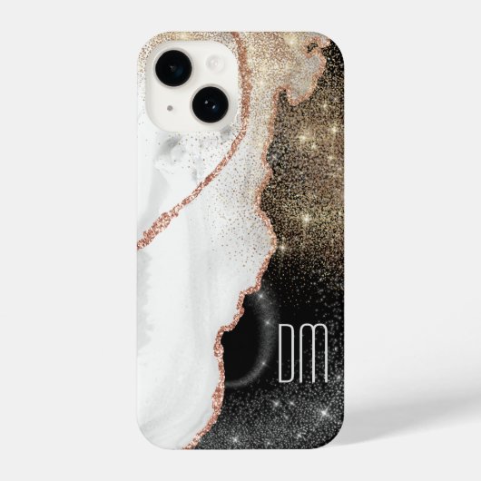 Coque Pour iPhone 14 Rose Marbre blanc or Parties scintillant Monogramm (Verso)