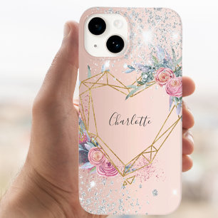 Coque Pour iPhone 14 Rose or argent parties scintillant fleuri nom mono