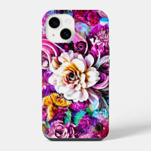 Coque Pour iPhone 14 Rose Violet Bleu Sarcelle Blanc Fleurs De Jardin F