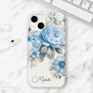 Coque Pour iPhone 14 Roses Bleues Pâles Pastel Personnalisées Artistiqu
