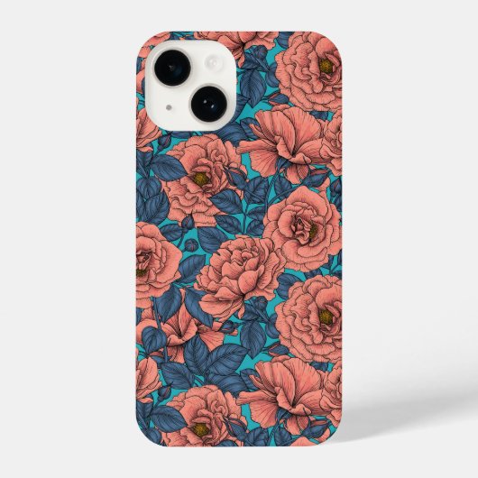 Coque Pour iPhone 14 Roses roses avec des feuilles bleues sur bleu (Verso)