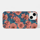 Coque Pour iPhone 14 Roses roses avec des feuilles bleues sur bleu (Verso Horizontal)
