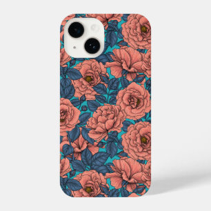 Coque Pour iPhone 14 Roses roses avec feuilles bleus sur bleu