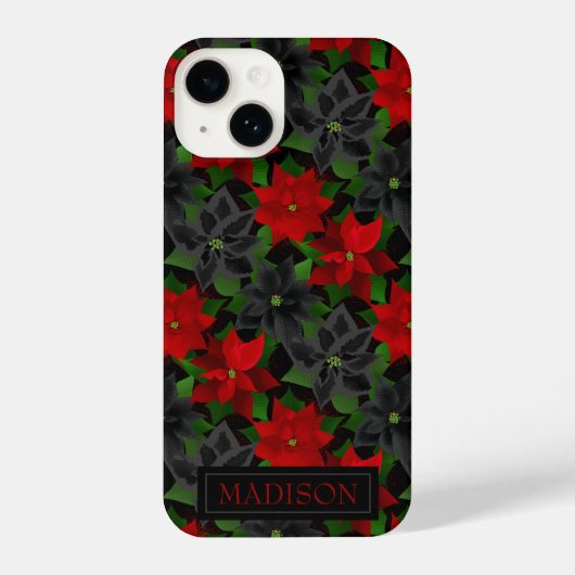 Coque Pour iPhone 14 Rouge Noir Poinsettia Goth Noël (Verso)