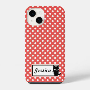 Coque Pour iPhone 14 Rouge pois et chat noir Personnalisé