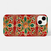 Coque Pour iPhone 14 Rouge Vert Orange Jaune Azulejos Motif Floral (Verso Horizontal)