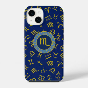 Coque Pour iPhone 14 Scorpio Zodiac+Astrologie Symboles Motif Gld+Blues