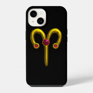 Coque Pour iPhone 14 Signe du zodiaque ARIES en OR, Rubis Rouge Noir