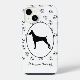 Coque Pour iPhone 14 Silhouette de Doberman Pinscher Cœurs et Empreinte